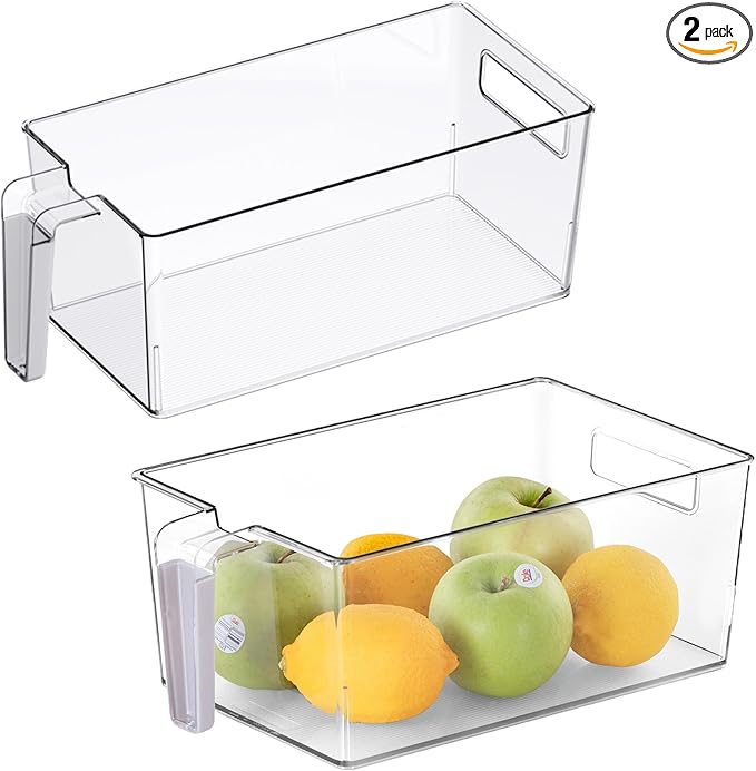 vacane 2 Pack Refrigerator Organizer Bins with Silicone Handle,Plastic Pantry Organization and Storage,BPA-Free Multi-Use Organizer Bins,Kitchen Containers for Fruit,Vegetable