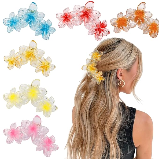YONOY 6Pcs Flower Hair Clips for Women,Non-Slip Matte Flower Hair Clips for Women,Hawaiian Hair Flower Clip Large Plumeria Strong Hold Hair Claws Banana Cute Clip Beach Hair Accessories