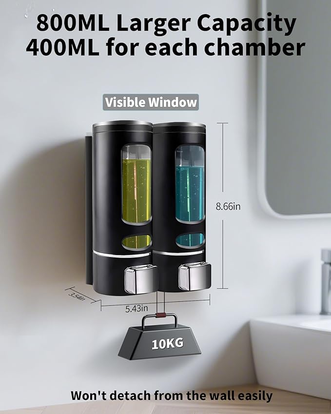 Shampoo and Conditioner Dispenser - 800ML Wall-Mounted Shower Shampoo Dispenser No Drill Body Wash Soap Dispenser for Shower, Bathroom, Hotel (2 Chamber)