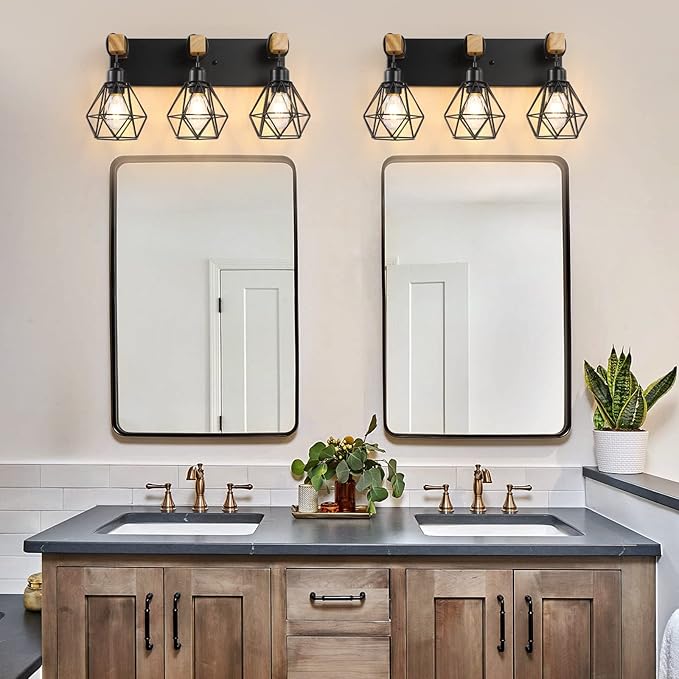 3-Light Farmhouse Bathroom Vanity Light Fixtures, Wood Bathroom Light Fixtures Over Mirror, Rustic Sconces Wall Lighting with Elegant Metal Lampshade for Living Room, Bedroom, Hallway