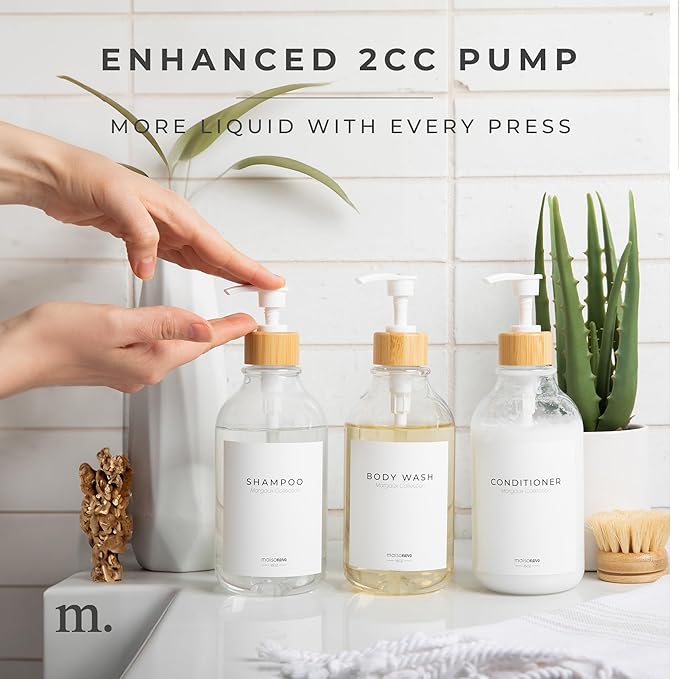 Shampoo and Conditioner Bottles Set of 3 Clear Bamboo – Shower Shampoo Dispenser – Hotel Style Bathroom Upgrade by MaisoNovo