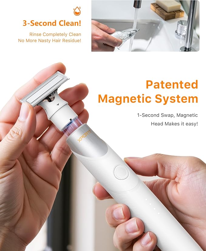Trimcoo New 2 in 1 Body & Nose Hair Trimmer - Electric Beard Razor for Men, All-in-One Groomer with Magnetic Nose Hair Head, Waterproof Wet/Dry Use, Groin/Ball Shaver, USB-C Fast Charging,White(Solo)