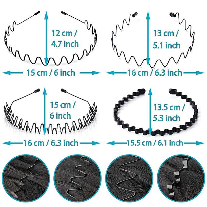 KELUBATU Metal Headband for Men, Adjustable Wavy Hair Band, Zig Zag 8 Pcs