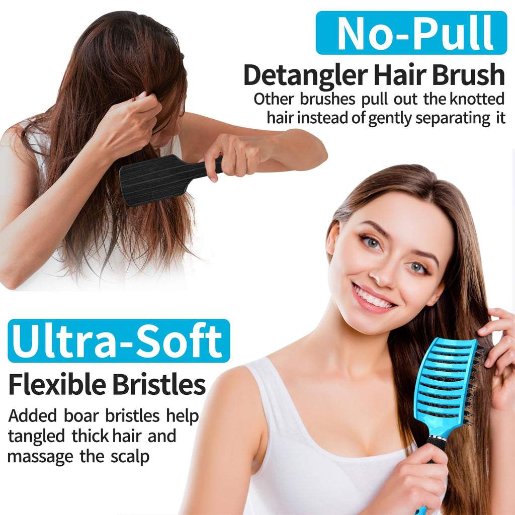Boar Bristle Hair Brush Set of 2, HIPPIH Wet & Dry Hair Brushes Made by Fine Natural Boar Hair Can Adds Shine and Smoothing, Detangling Hairbrush for Women, Men & Kids' Long Curly Thick Hair