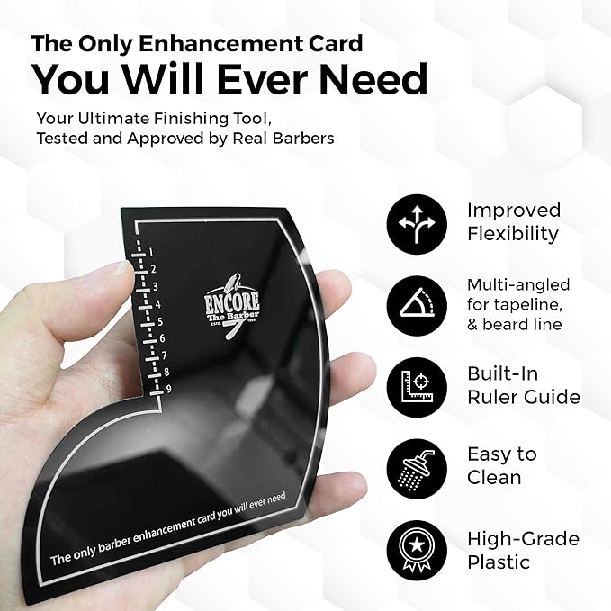 ENCORE THE BARBER Enhancement Card (Black) | for barbers | crispy lines | hairline repair | Beard lineup | Outline shapeup tool | Design ruler | fiber application guide | waterproof
