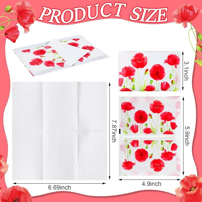 Geyee 50 Packs Tissue Travel Size Facial Paper Napkins Travel Packs Disposable Pocket Tissues for Wedding Guest Traveling School Purse Home Supplies, 500 Sheets 3 Ply(Poppy)