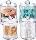 WISIEW 4 Pack Qtip Holder Dispenser for Cotton Ball, Swab, Round Pads, Floss - 10 oz Clear Plastic Apothecary Jar Set for Bathroom Canister Storage Organization, Vanity Makeup Organizer