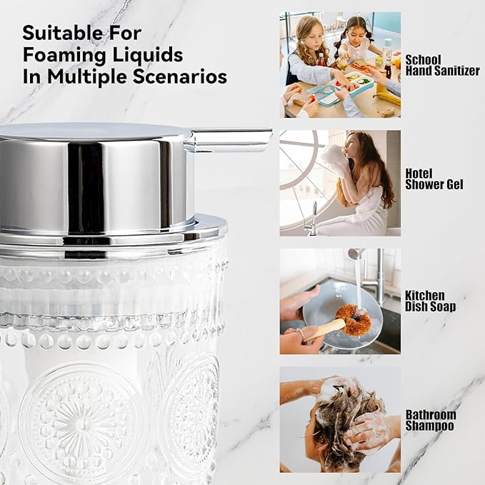 Glass Foaming Soap Dispenser Set - 2 Pack Foam Hand Soap Dispenser for Bathroom, Clear Hand Wash Dispenser Bottle with Silver Pump for Kitchen, 10 Oz Refillable Dish Liquid Foam Dispenser 2 Pcs