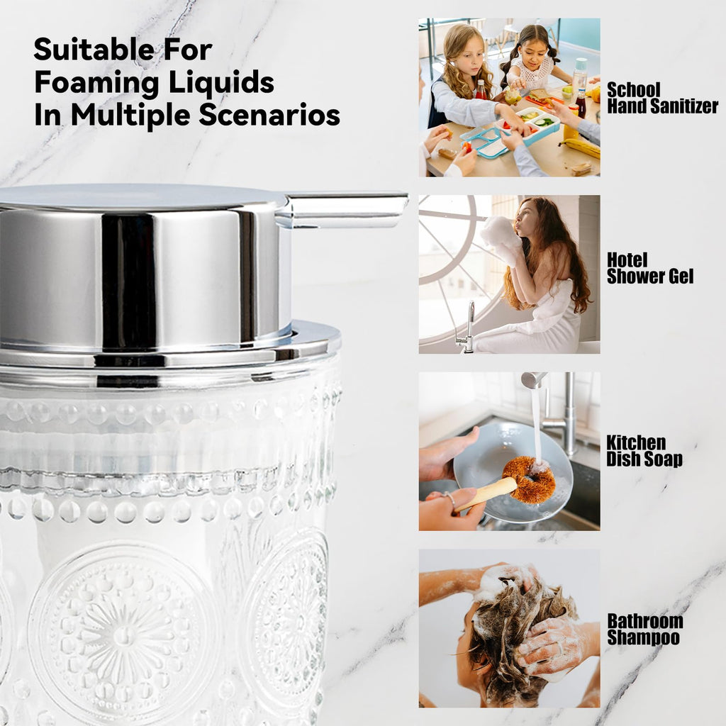AZMOYAC Glass Foaming Soap Dispenser - Foam Hand Soap Dispenser Bathroom, 10 OZ Clear Refillable Liquid Dispenser for Kitchen Dish Dispenser Silvery Foam Pump
