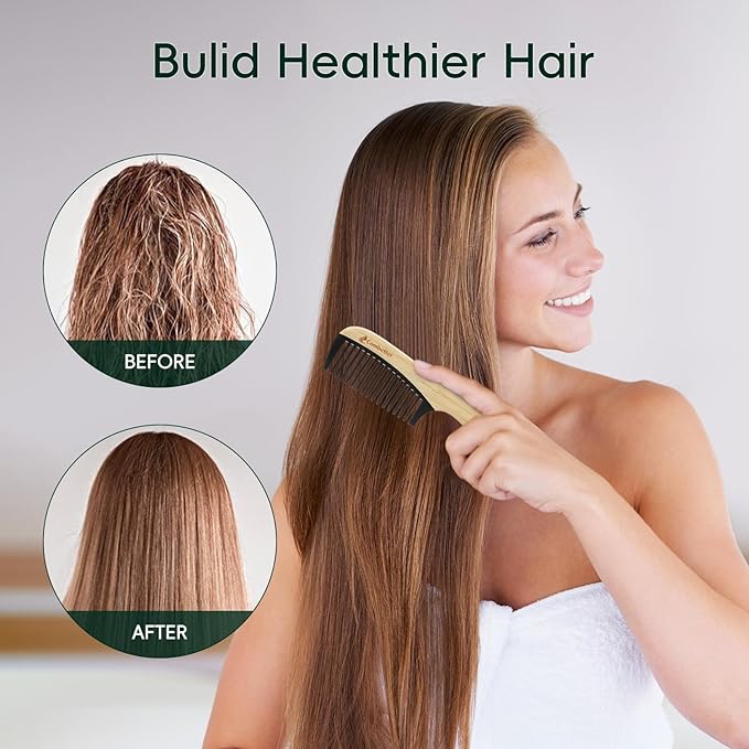 Bamboo Detangling Comb, Anti Static Comb for Curly, Thick, Think Hair & Beard, Eco-Friendly Durable Bakelite Infused Hair Comb for Women,Men (Wide Tooth with Handle)
