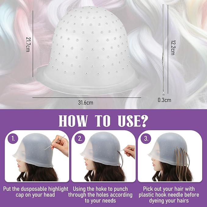 6 Set Silicone Highlight Cap for Highlighting Hair - Pre-Punched Holes Reusable Cap with Needle, Professional Hairdressing Dyeing Tools for Salon Home Women Men
