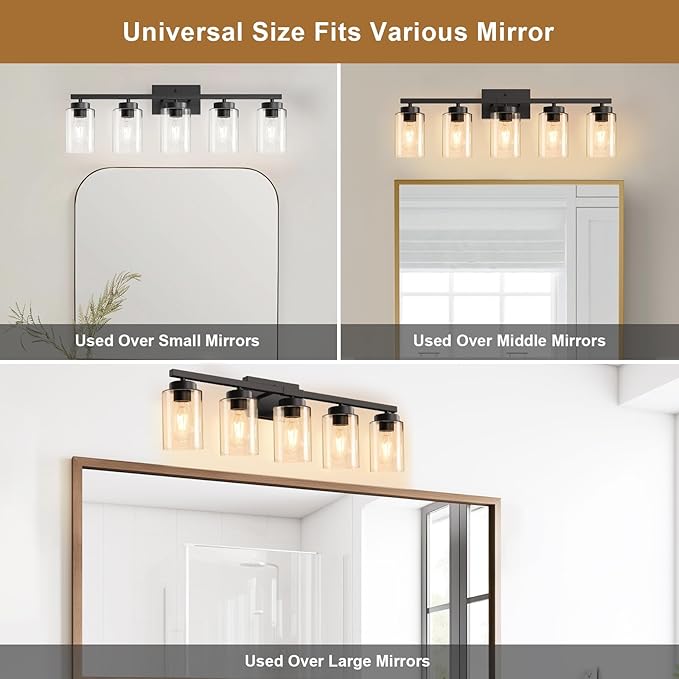 IZORRO Modern Bathroom Light Fixtures, 5 Light Black Vanity Lights, Bathroom Lighting Fixtures Over Mirror with Clear Glass for Living Room Cabinet Bedroom