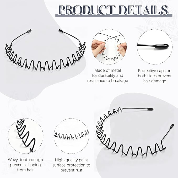 ZASZO 2 Pcs Metal Hair Band, Fashion Wavy Spring Metal Headband for Men & Women, Elastic Non Slip Metals Hairband for Daily Use Outdoor Sports Hair Hoop Hairs Accessories