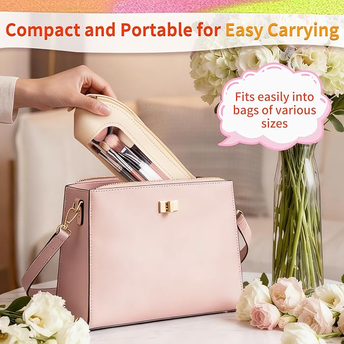 Gthiely Small Double Sided Clear Makeup Bag - Waterproof Portable Makeup Brush Bag PU Leather Travel Makeup Brush Case Cosmetic Organizer Pouch with Zipper for Women Home Travel Office (White)