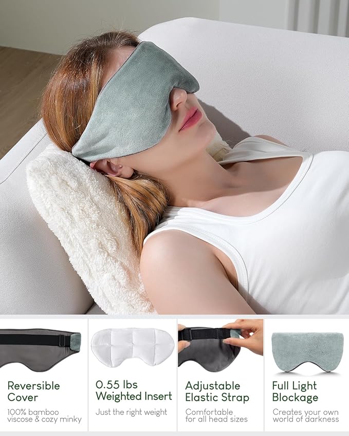 Sivio Weighted Eye Mask for Sleeping, Cooling & Cozy Reversible Blackout Sleep Mask for Women & Men, Microwave Freezable Heavy Blindfold for Airplane, Travel, Meditation, 0.55lb, Grey