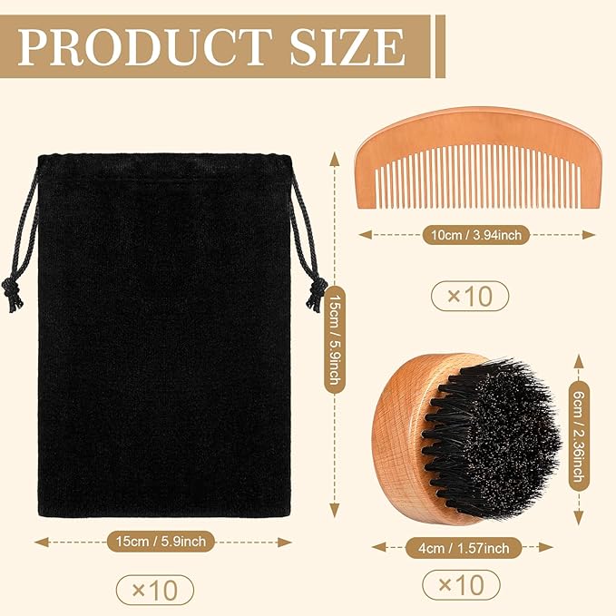 10 Sets Men's Beard Grooming Kit: Natural Boar Bristle Brush, Pear Wood Dual-Sided Wide Tooth Comb, Travel Pouch - Perfect Valentine Gift (Circle)