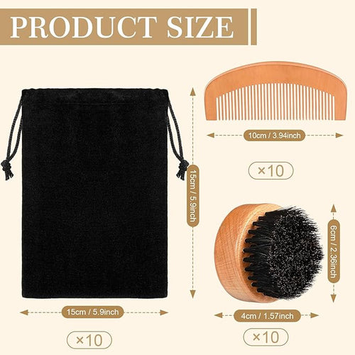 10 Sets Men's Beard Grooming Kit: Natural Boar Bristle Brush, Pear Wood Dual-Sided Wide Tooth Comb, Travel Pouch - Perfect Valentine Gift (Circle)