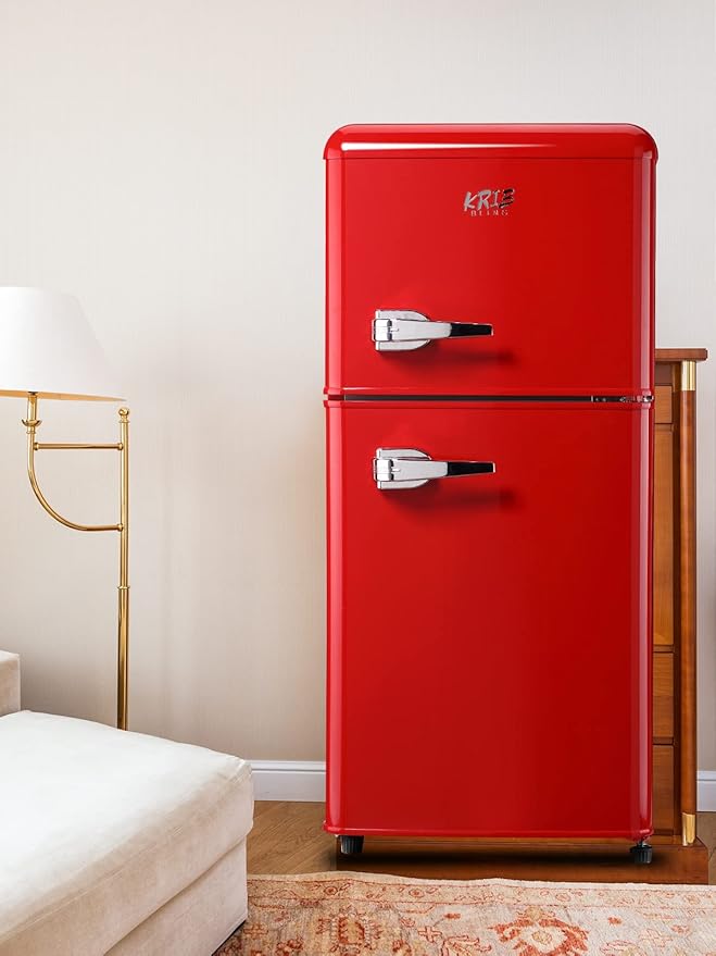 KRIB BLING Mini Fridge With Freezer,Refrigerator With 2 Doors,7- Level Adjustable Thermostat, Removable Glass Shelves For Bedroom, Office, Kitchen, Apartment, Dorm, 3.5 Cu. Ft Red