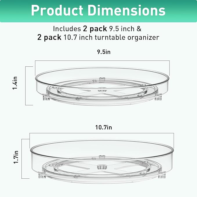 2 Pack Lazy Susan Organizer, 9.5 Inch, 10.7 Inch Lazy Susan Turntable for Cabinet, Turntable Organizer for Pantry Organizers and Storage, Non-Skid Fridge Organizer