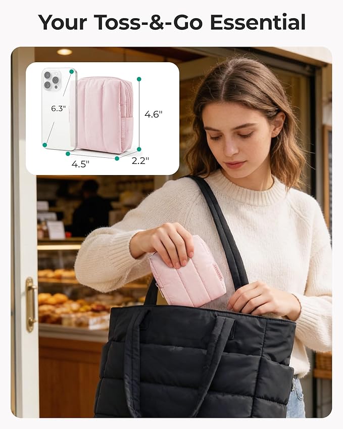BAGSMART Small Travel Makeup Bag for Purse Toiletry Pouch, Puffy Padded Mini Cosmetics Bag, Cute Make Up Pouch for Women with Slip-in Pocket, Travel Essentials for Toiletries, Strip Khaki