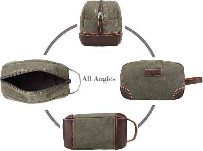 emissary Men's Canvas Travel Toiletry Bag, Leather Dopp Kit - Dark Green