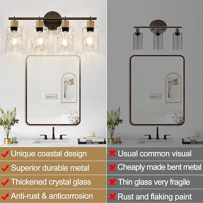 Bathroom Light Fixtures, 4-Light Coastal Vanity Lights with Crystal Glass Shade, Oil-Rubbed Bronze Bathroom Wall Lamp for Mirror Kitchen Hallway Cabinet