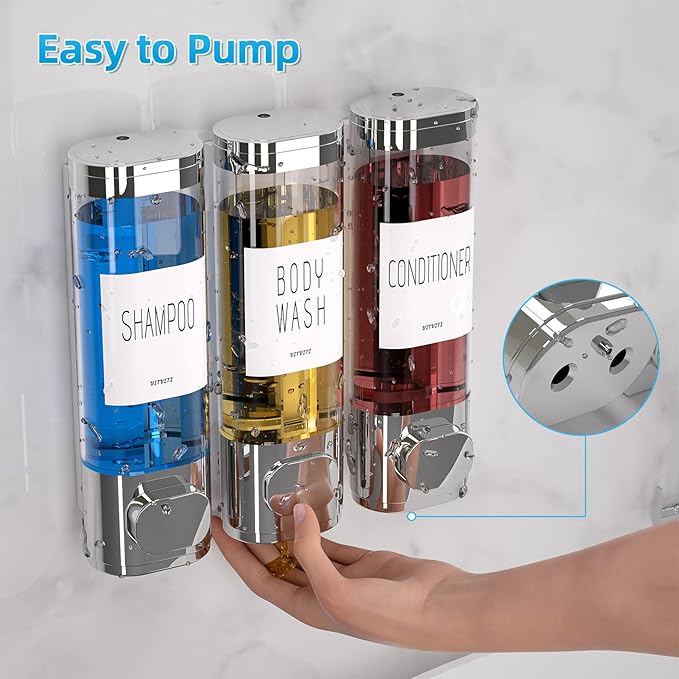 VITVITI Shampoo and Conditioner Dispenser for Shower Wall, Shower Soap Dispenser 3 Chamber No Drill Wall Mounted, 10.2 OZ Plastic Refillable Shower/Body Wash Bottles for Bathroom (Silver)