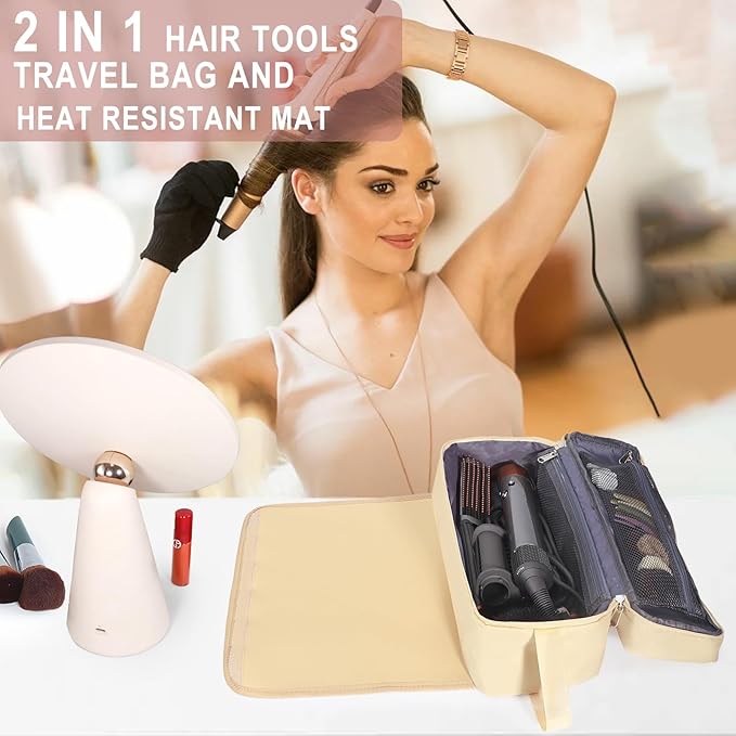 FAMOPLAY Hair Tools Travel Bag with Heat Resistant Pad, Portable Hair Tools Storage for Hair Straighteners, Curling Iron and Hair Care Accessories, Traveling Essentials for Women