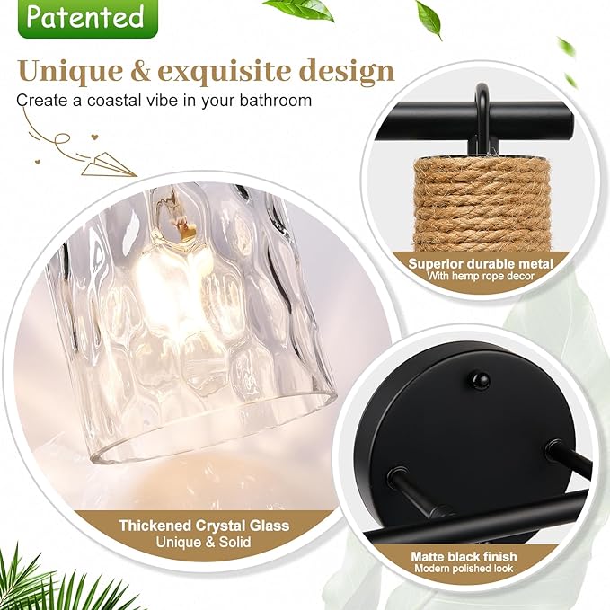 Bathroom Light Fixtures, 2-Light Coastal Vanity Lights with Crystal Glass Shade, Black Bathroom Wall Lamp for Mirror Kitchen Hallway Cabinet