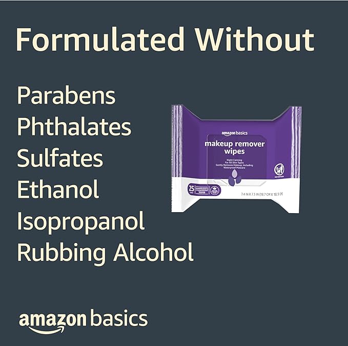 Amazon Basics Makeup Remover Wipes, Gentle Cleansing, Dermatologist Tested, Night Calming, Plant Based, Alcohol-Free, Removes Waterproof Mascara, pH Balanced, 25-Count, 6-Pack