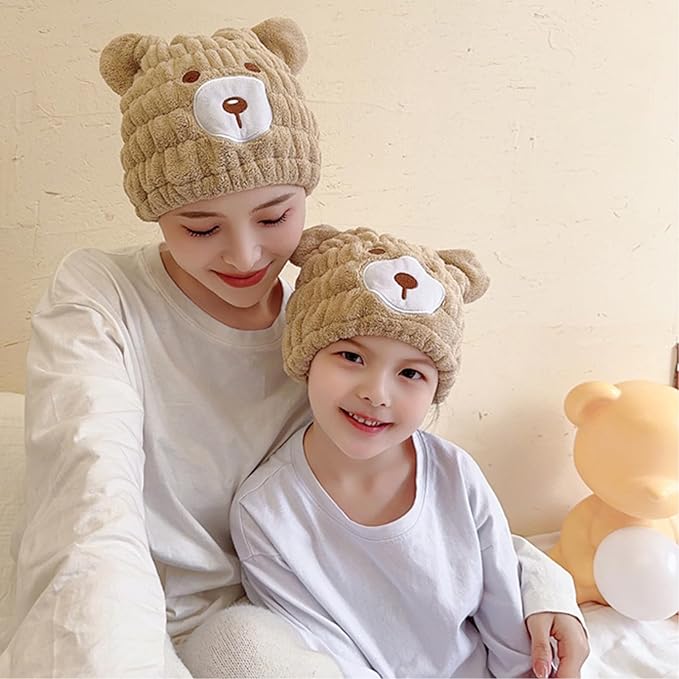 LCBD Microfiber Hair Towel Wrap for Kids, Brown Bear Dry Hair Cap Suck Water, Absorbent Quick Girls Boys Hair Drying Towel, Lightweight Bouncy Hat Headscarf for Wet Hair