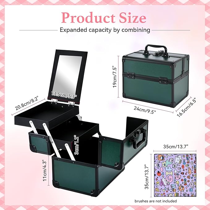 GALHUBIS Makeup Train Case, Portable Makeup Case with Mirror, 2-Trays Cosmetic Organizer Case,Nail Polish Organizer, Travel Makeup Box, Profesional for Salon Barber, Green
