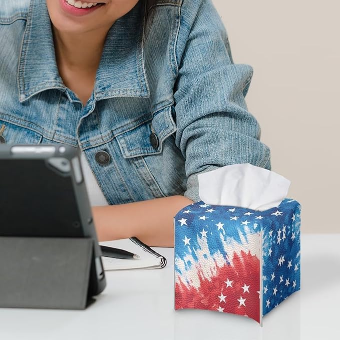 American Tie Dye Decorative Tissue Box Cover, Waterproof PU Leather Square Holder with Metal Button, Protective Napkin Case for Bathroom Countertop, Office Desk, and Car Interior