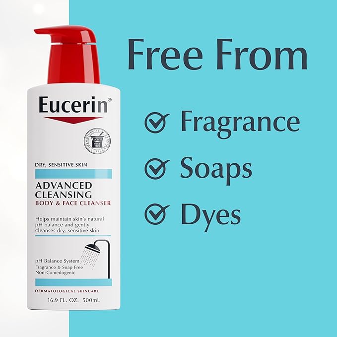 Eucerin Advanced Repair Cleansing Body and Face Cleanser, Gentle Face and Body Wash for Normal to Dry, Sensitive Skin, Soap Free and Unscented, 16.9 FL OZ Bottle