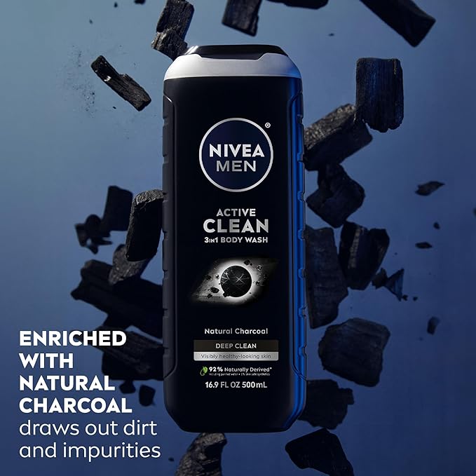 NIVEA MEN Real Madrid Limited Edition Design Active Clean Body Wash with Natural Charcoal for Normal to Oily Skin, 3-in-1 Charcoal Body Wash, Face and Hair, 16.9 Fl Oz Bottle, Pack of 3