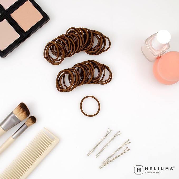 Heliums Small Hair Ties - Brown - No Damage Mini 1 Inch Reusable 2mm Elastics for Thin Hair and Kids, Neutral Ponytail Holders - 48 Count