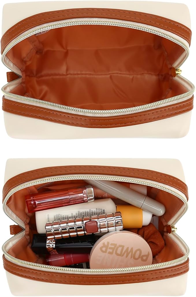 JINSI Small Makeup Bag Travel Cosmetic Bag Toiletry Zipper Pouch Make Up Organizer Bag with Handle Purse for Women Soft PU Leather Skincare Case (Beige)