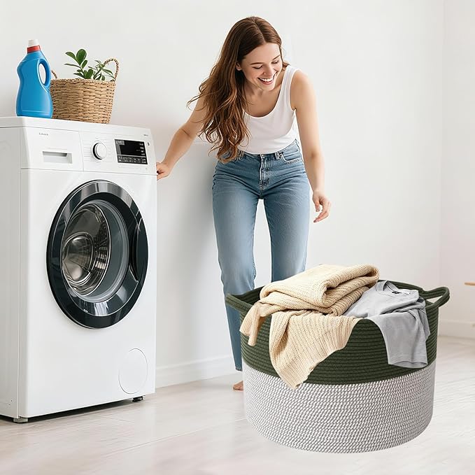 65L Large Blanket Basket,19.7" L x 19.7" W x 13" H Rope Woven Baskets with Handles, Toys Storage Bins,Laundry Basket Perfect for Living Room, Nursery,Bedroom,Home Organization,Green&White