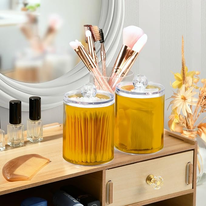 Mustard Yellow Qtip Holder Organizer Dispenser Cotton Swabs Cans Plastic Jars with Lid Set 2 Pack Bathroom Storage Canister for Cotton Ball Floss Cotton Pads
