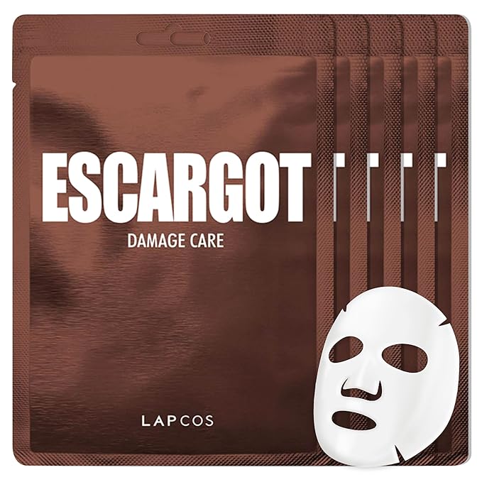 LAPCOS K Beauty Escargot Sheet Mask - Regenerating, Soothing & Moisturizing Face Masks with Snail Filtrate for Dull, Damaged Skin - Highly Breathable Tencel Hybrid Sheet - Korean Skin Care (Pack of 5)