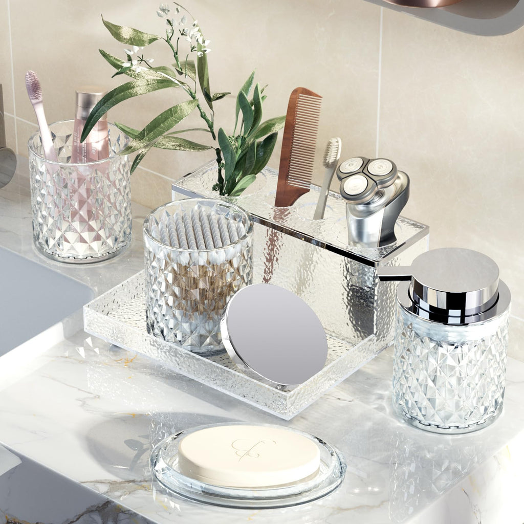 Glass Bathroom Accessories Set 5Pcs Crystal - Foaming Soap Dispenser, Soap Dish, Cup, Acrylic Toothbrush Holder with Tray Organizer, Qtip Jar, Bathroom Counter Set Sink Decor (Clear)