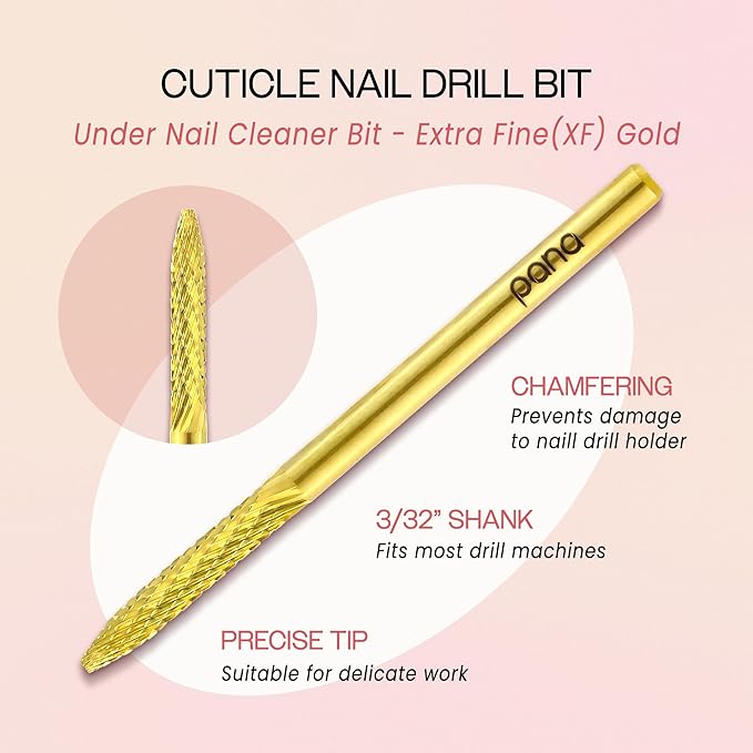 PANA 3/32" Carbide Cuticle Nail Drill Bit for Cuticle Cleaning, Dead Skin Removal, Gel Polish & Acrylic Removal, Under Nail Cleaner, Nail Salon, Manicure Tools (UNC - Gold, Extra Fine)