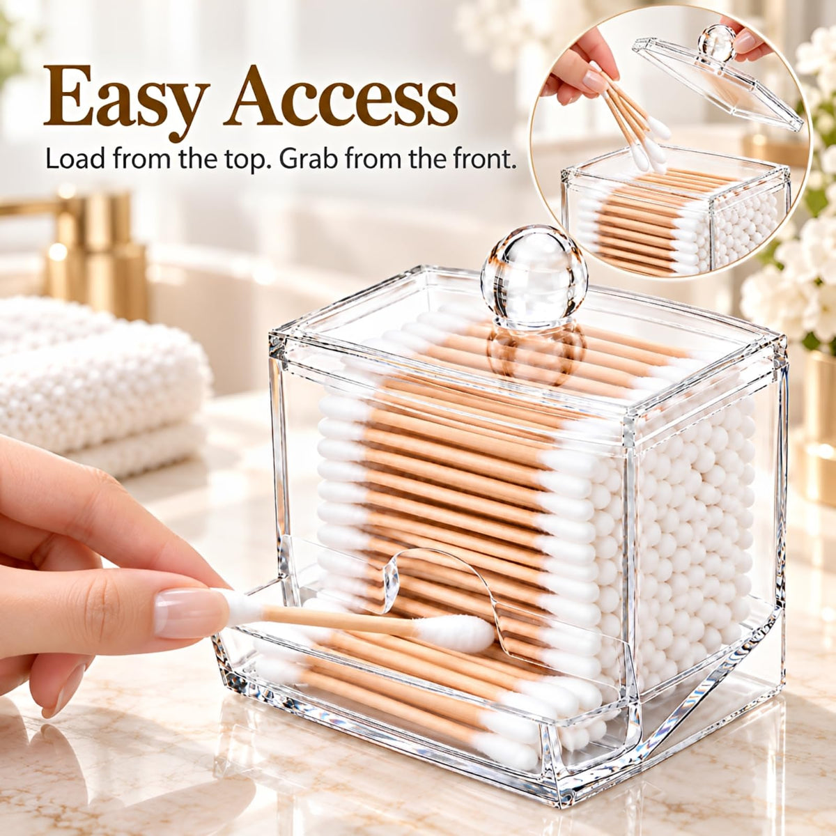 MOSIKER 10oz Qtip Holder, Clear Acrylic Cotton Swab Dispenser with Lid