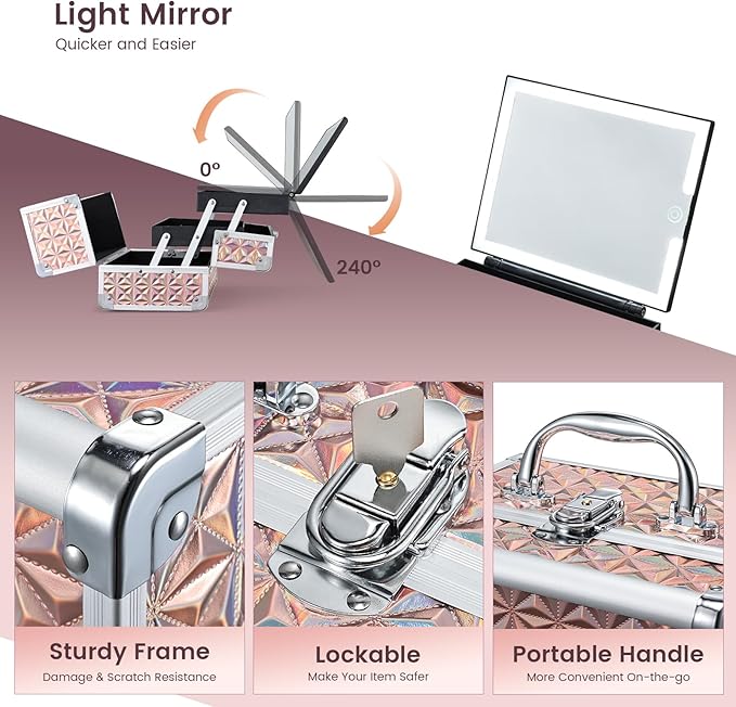 Faquenc Makeup Case with Lighted Mirror - Shiny Gold Hard Makeup Train Case with 3-Color LED Mirror, Portable Makeup Organizer Box for Women & Travel, Aluminum Cosmetic Case with Lock