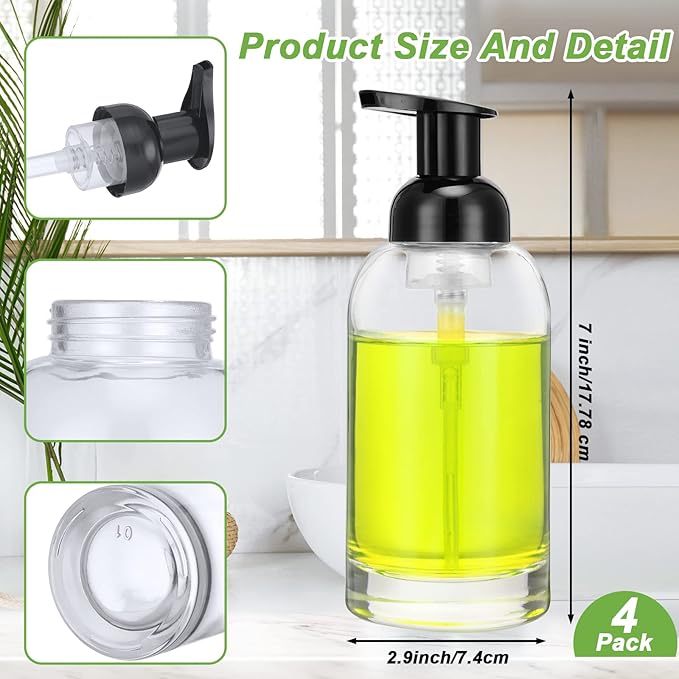 Eccliy 4 Pack 13 oz Foaming Hand Soap Dispenser Clear Glass Jar Soap Dispenser with Foaming Pump, Clear Thick Hand Liquid Dish Pump Round Bottles for Bath Home Kitchen Oil Lotion