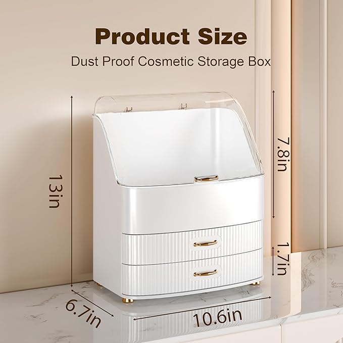 Plukers Makeup Organizer Countertop Vanity with Transparent Lid Drawers Waterproof Dustproof Cosmetic Skincare Bathroom Storage Gift for Women Teens Girls (White)