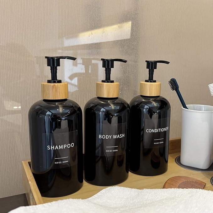 Shampoo and Conditioner Dispenser, Refillable Plastic Shampoo Pump Bottles with Waterproof Labels, Empty Body Wash Dispenser Set for Bathroom, Shower Soap Bottles (Black, Set of 3, 16.9oz)