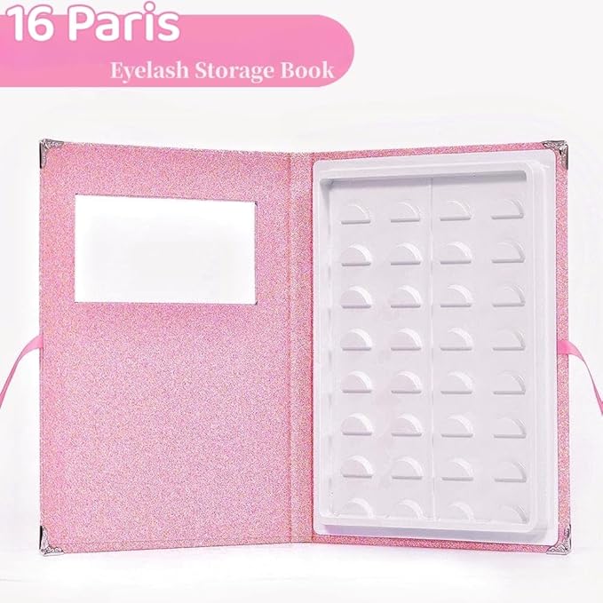 False Eyelash Storage Book Protable 16 Pari Eyelashes Organizer Holder Case Lash Contanier Box Glitter Cover Lash Container Empty Case with Eyelash Tweezer Pink