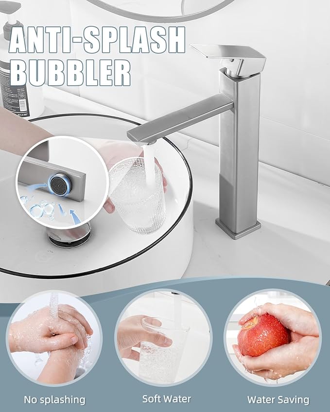 Bathroom Faucets, Brushed Bathroom Sink Faucet Set with Pop Up Drain, Single Hole Single Handle High Barrel Sink Vanity Faucet, Stainless Steel Lead-Free