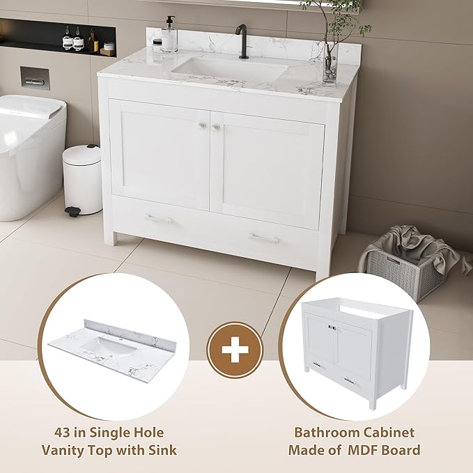 Montary 42" Bathroom Vanity with 43" Artificial Marble Carrara White Top, Modern Stylish MDF Bathroom Storage Cabinet, Vanity Set with 2 Doors and One Large Divided Drawer, White (Single Hole)